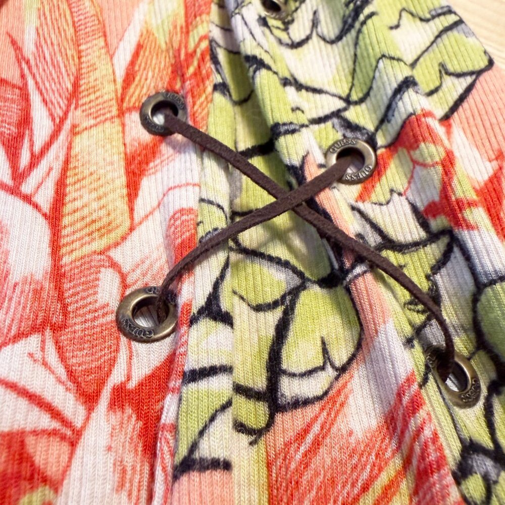 Guess | Ribbed Maxi Dress in Pineapple Print With Leather Side Laces | XS - Picture 8 of 8